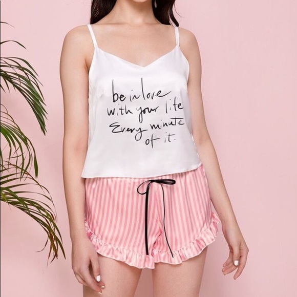 New White & Pink Stripe Satin Silk-Like Pajama Set - Picture 3 of 5